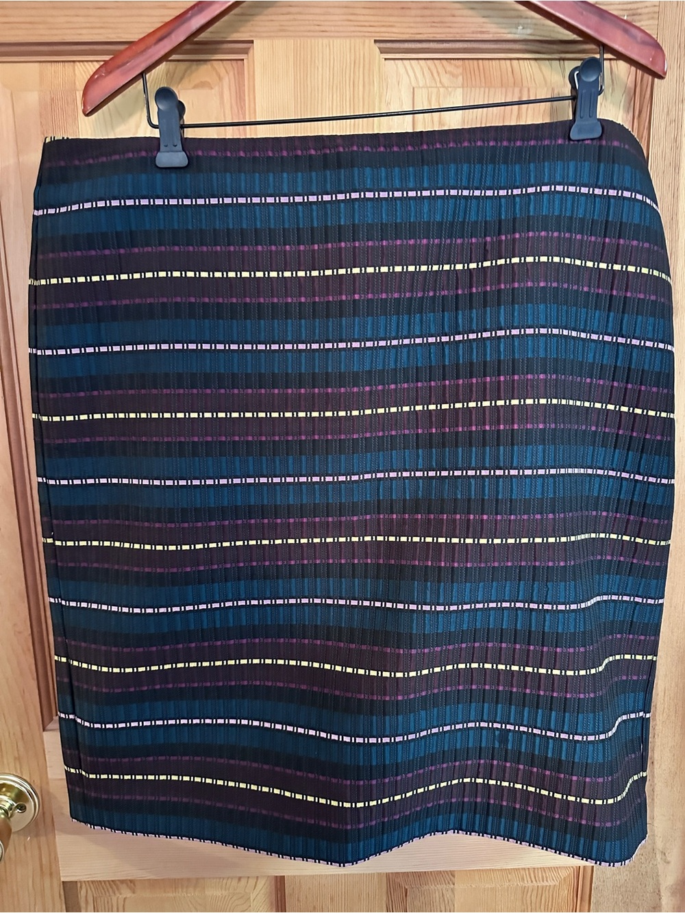 Ann Taylor Factory Striped Pleated Pencil Skirt in Black and Teal